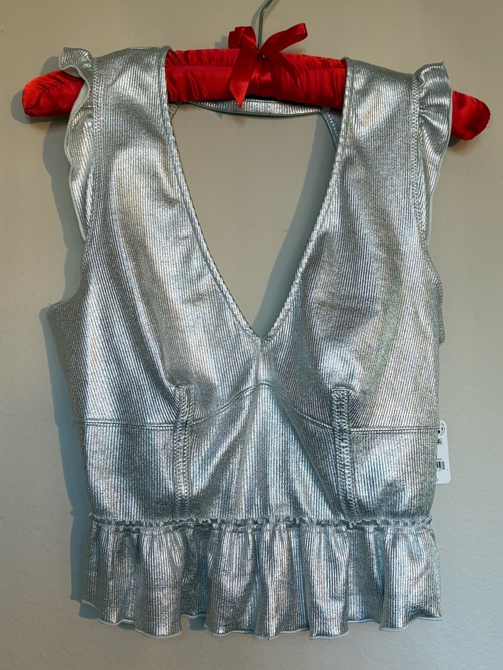 Free People Silver Metallic V-Neck Peplum Tank Top